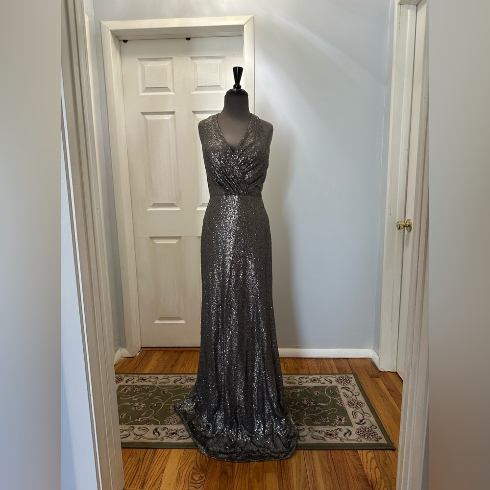 Christina Wu Gunmetal Sequin Halter Evening Gown
